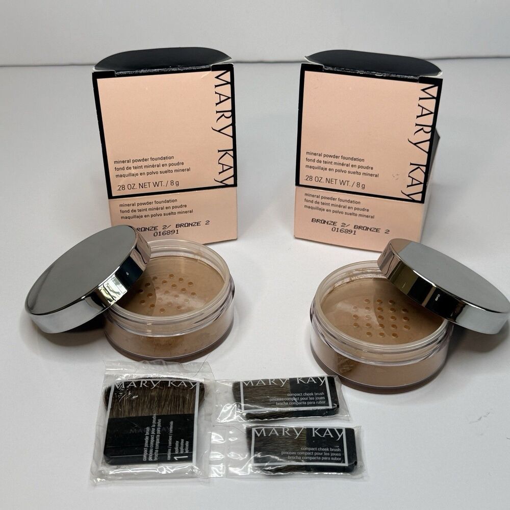 2 NEW Mary Kay Mineral Powder Foundation BRONZE 2 .28 oz 016891 + 3 MK Brushes